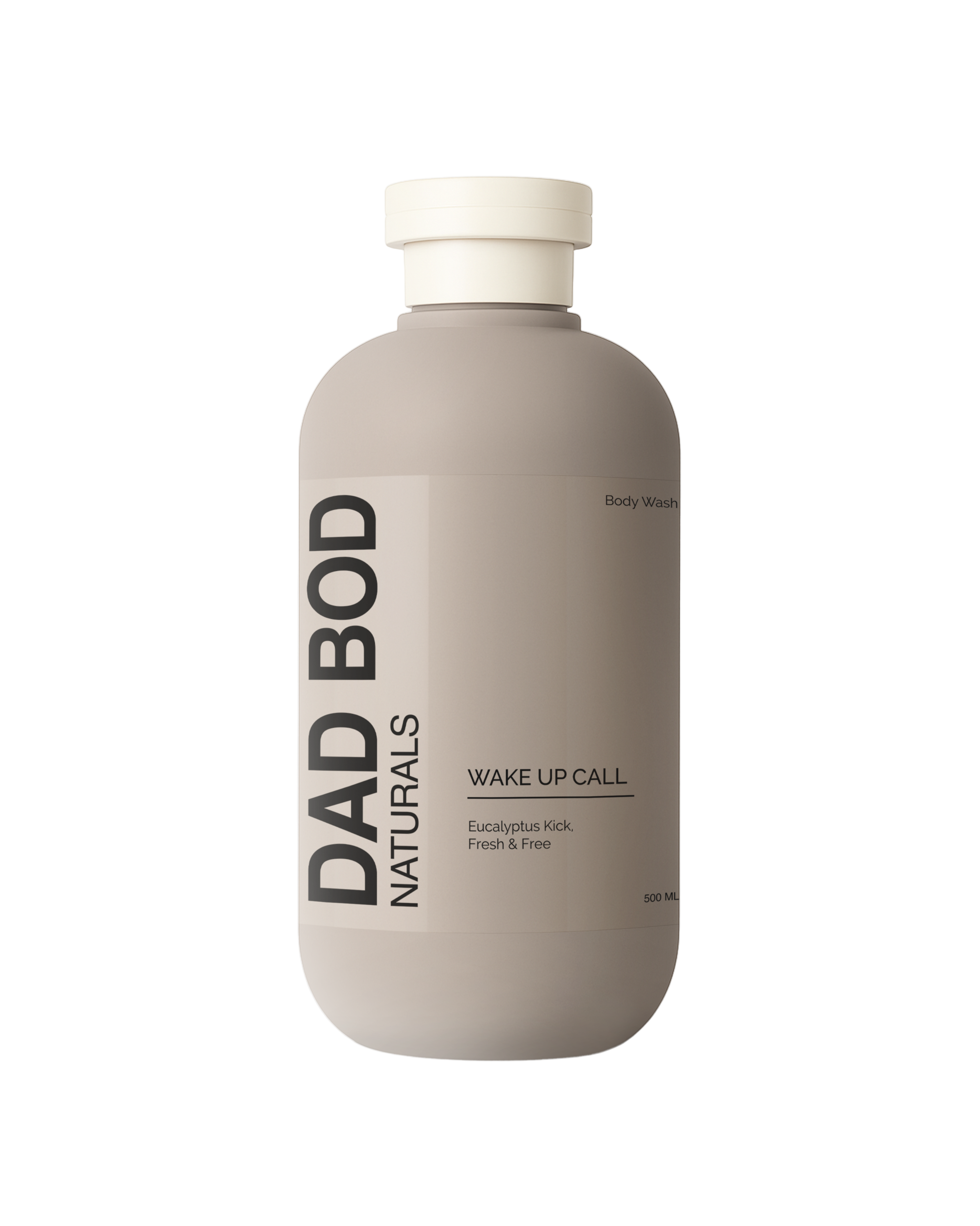 Beige bottle labeled 'DAD BOD NATURALS' on a white background